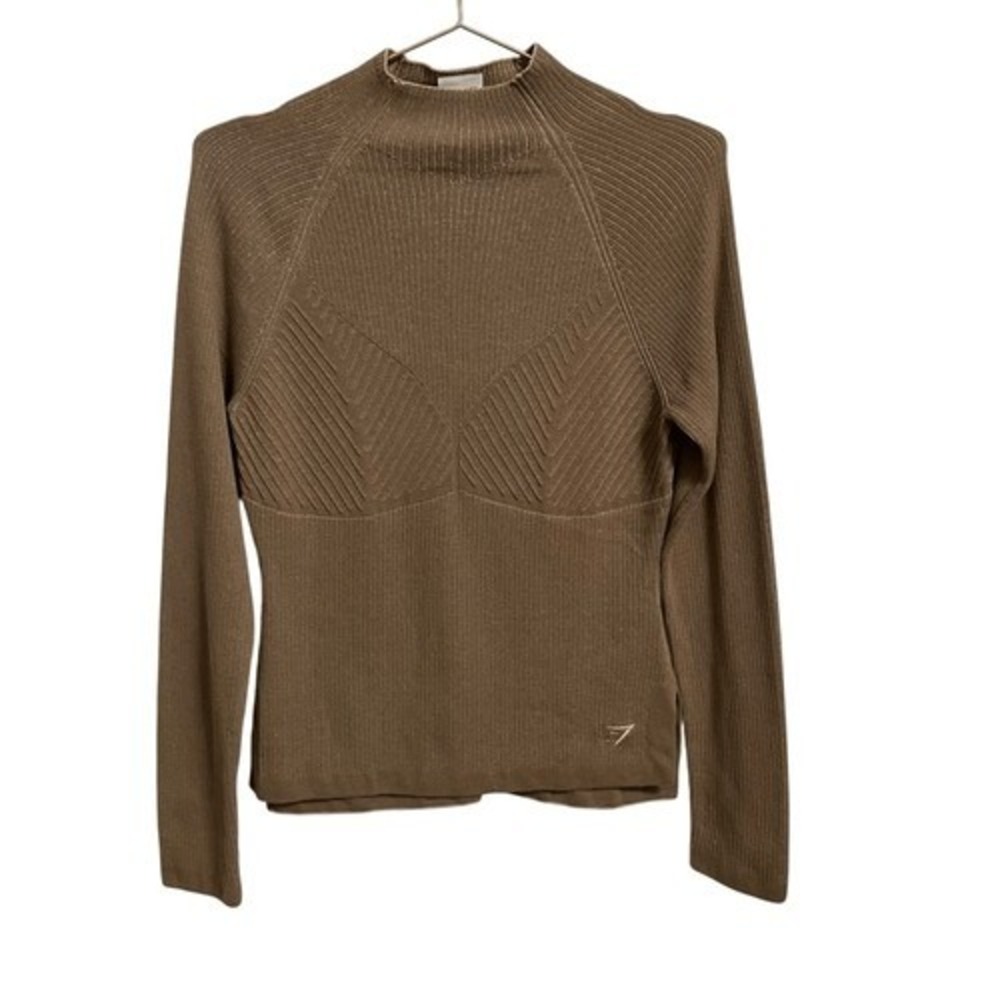 Gymshark Womens Mock Neck Ribbed Knit Long Sleeve Top Taupe Brown Large B4A3S
